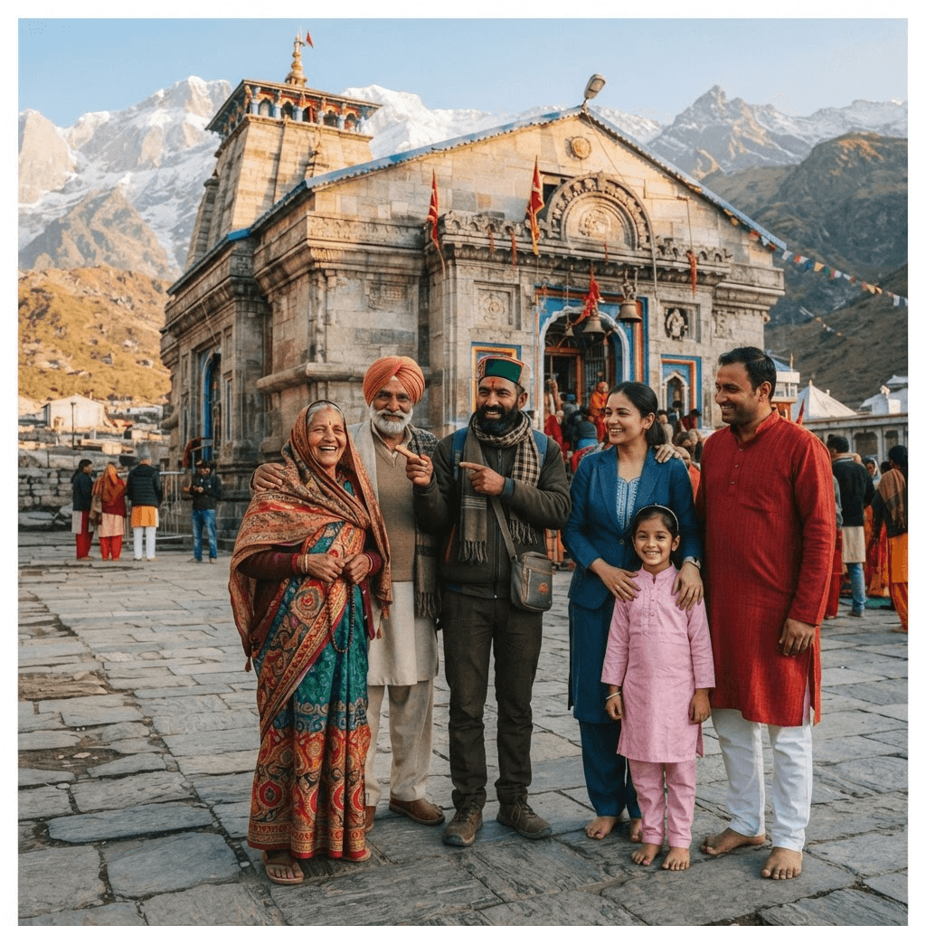 A guide with a small group of pilgrims before a Himalayan temple