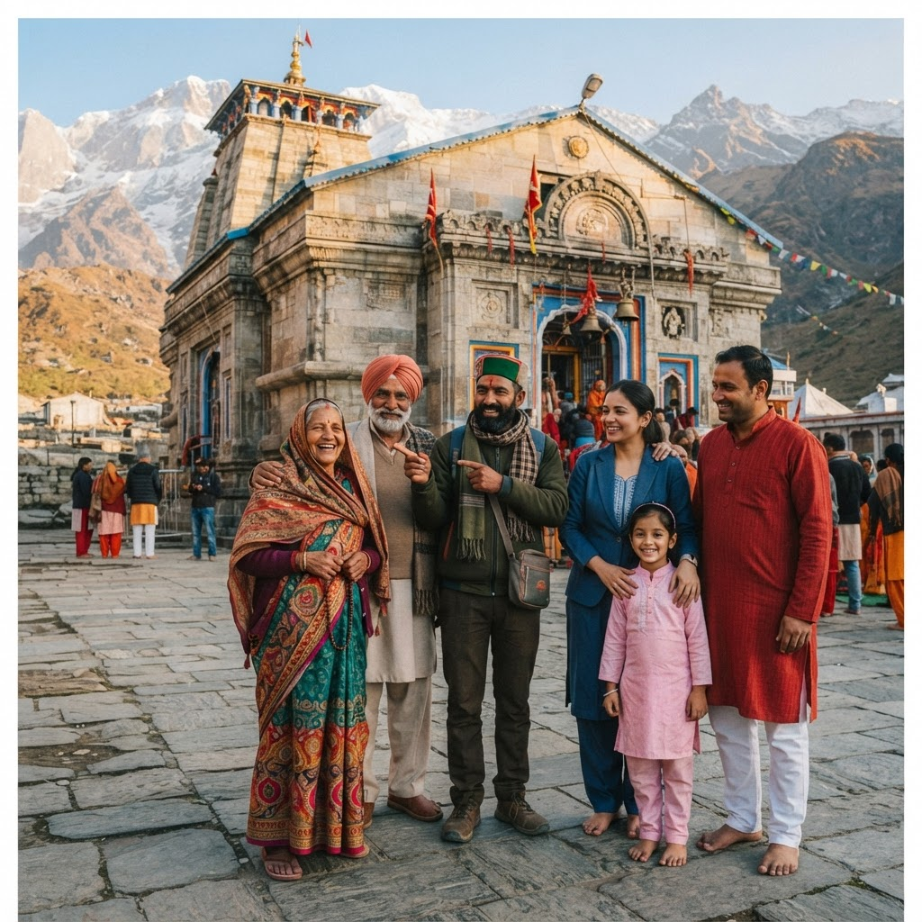 A guide with a small group of pilgrims before a Himalayan temple