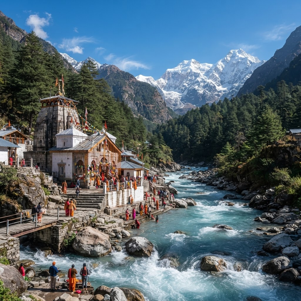 Gangotri temple beside the glacial Bhagirathi river