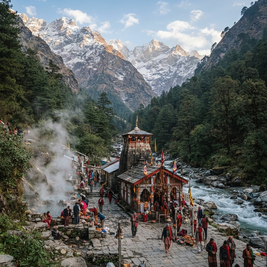 Yamunotri temple in a Himalayan valley